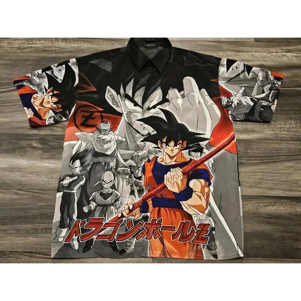 VTG Dragon Ball Z Anime Oversize M DBZ Button Up AOP All Over Print Goku GT 2001